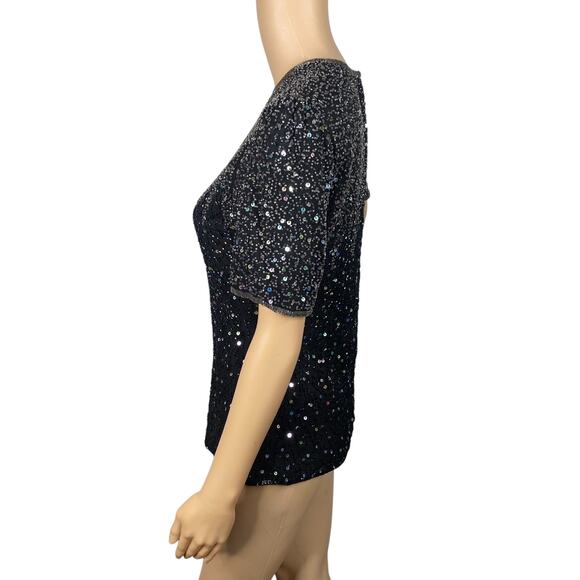 Patra Vtg Black Silver Iridescent Beaded Sequin Short Sleeve Blouse SZ PS - Picture 4 of 11